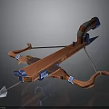 Orange And Blue Crossbow Weapon With Curved Wooden Frame And Metal Arrow