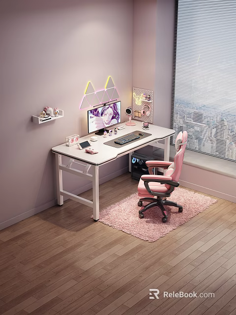Modern Office Desk Setup With Office Appliances Monitor Keyboard Mouse Pink Chair And Neon Lights 3d model 