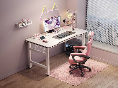 Modern Office Desk Setup With Office Appliances Monitor Keyboard Mouse Pink Chair And Neon Lights 3d model