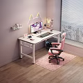 Modern Office Desk Setup With Office Appliances Monitor Keyboard Mouse Pink Chair And Neon Lights