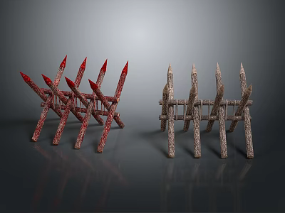 Red And Natural Colored Spiked Fence Barriers With Textured Wooden Like Structure 3d model