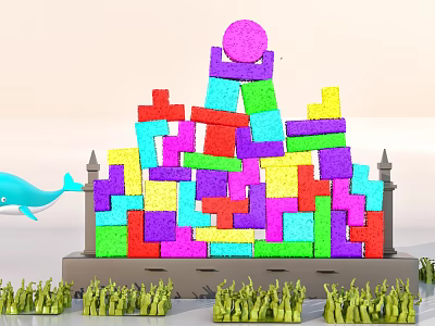 Colorful Blocks Stacked Castle Structure With Pink Circle Green Grass Like Plants And Blue Whale 3d model