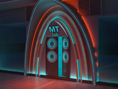 Modern Storefront Arched Design With Neon Lights MT Lab Sign Circular Decorations Blue Orange Lighting 3d model
