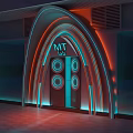Modern Storefront Arched Design With Neon Lights MT Lab Sign Circular Decorations Blue Orange Lighting