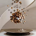 Modern Interior Hanging Decoration With Gold Silver Cubes Near Spiral Staircase