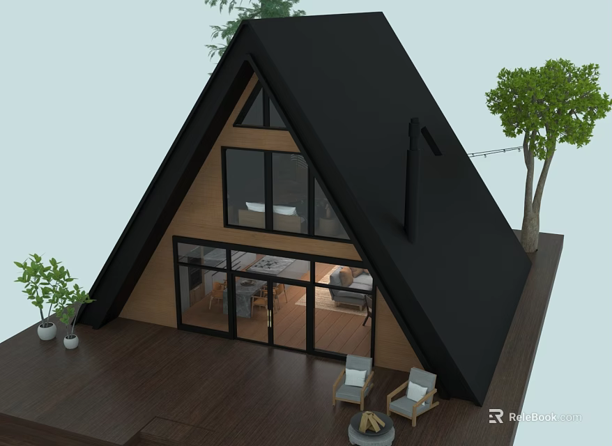 A Frame Wooden House With Black Roof Large Windows Wooden Deck Chairs And Tree 3d model 