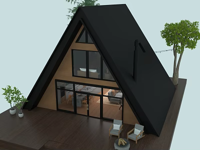 A Frame Wooden House With Black Roof Large Windows Wooden Deck Chairs And Tree 3d model