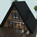A Frame Wooden House With Black Roof Large Windows Wooden Deck Chairs And Tree