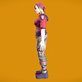 Red Haired Woman In Red Jacket White Top Striped Pants And Boots Against Orange Background