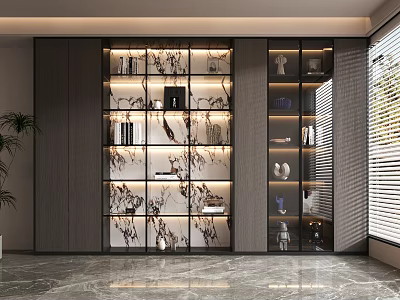 Elegant Modern Bookcase With Glass Doors Books Decorative Items And Lighting 3d model