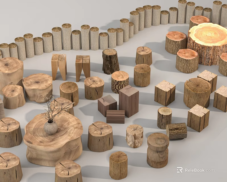 Natural Tree Stumps And Wooden Blocks Of Various Shapes With Decorative Fence And Potted Plant 3d model 