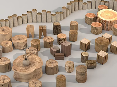 Natural Tree Stumps And Wooden Blocks Of Various Shapes With Decorative Fence And Potted Plant 3d model