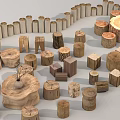 Natural Tree Stumps And Wooden Blocks Of Various Shapes With Decorative Fence And Potted Plant