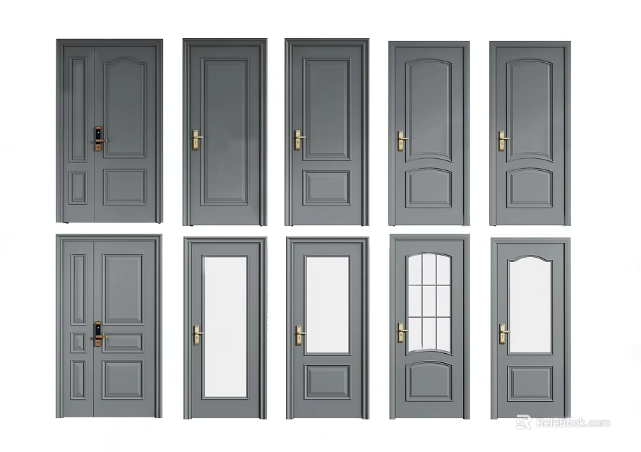 Modern Gray Swing Doors With Various Panel And Glass Design For Interior 3d model