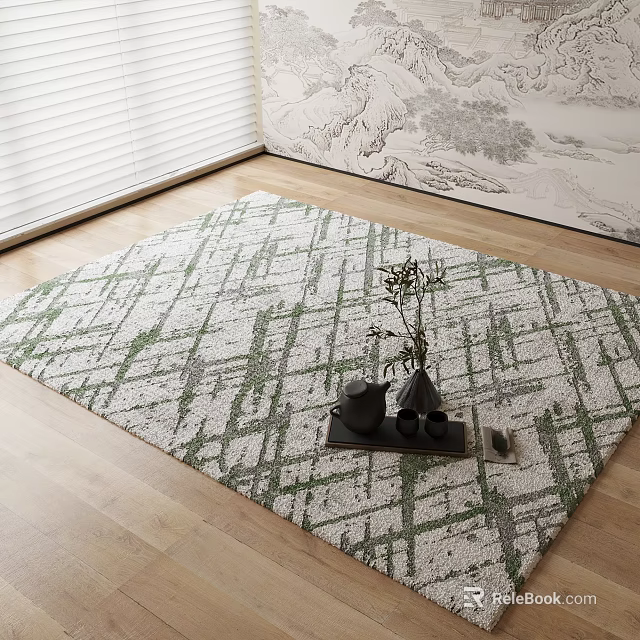 Square Rug With Green And White Geometric Pattern On Wooden Floor With Teapot Vase 3d model 