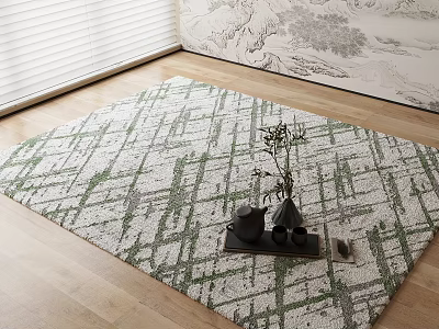 Square Rug With Green And White Geometric Pattern On Wooden Floor With Teapot Vase 3d model