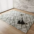 Square Rug With Green And White Geometric Pattern On Wooden Floor With Teapot Vase