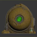Yellow Industrial Equipment Featuring Green Circular Window Metal Structure And Control Panel