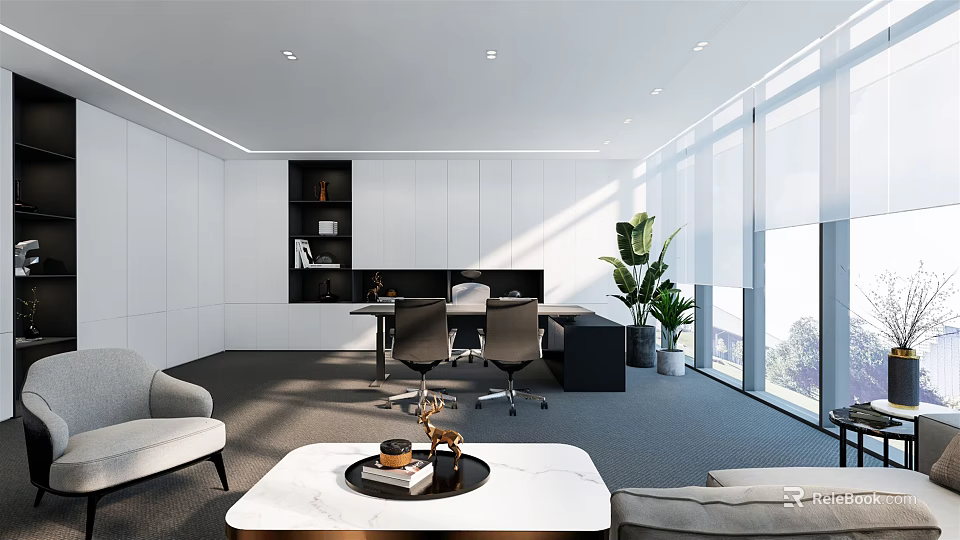 Modern Office Interior With Desk Chairs Plants And Large Windows 3d model