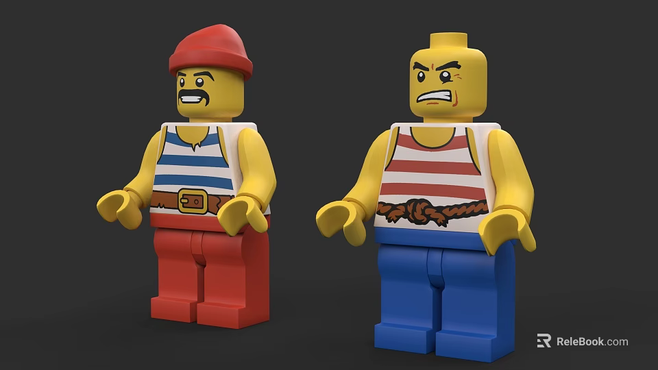 Building Block Figures With Red Hat Blue White Stripes Red Blue Pants And Different Expressions 3d model 