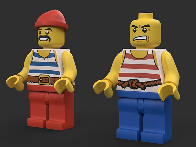 Building Block Figures With Red Hat Blue White Stripes Red Blue Pants And Different Expressions 3d model