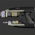 Futuristic Modern Weapon Pistol With Black Silver Design Gold Accents And Textured Grip