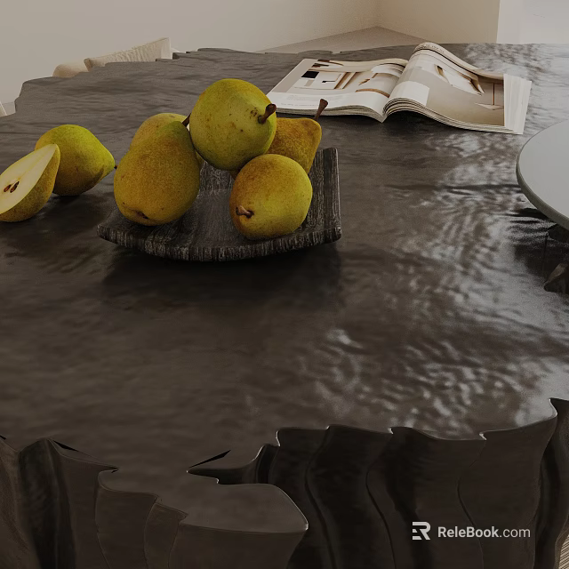 Sofa and Coffee Table Set with Marble Top Wooden Tray Pears and Open Book 3d model 