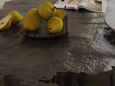 Sofa and Coffee Table Set with Marble Top Wooden Tray Pears and Open Book 3d model