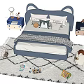 Blue Children's Bed with Cat Ear Headboard Pillows Quilt Nightstands and Toys on White Rug