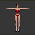 Woman in Red Lingerie Standing with Arms Outstretched Against Gray Background