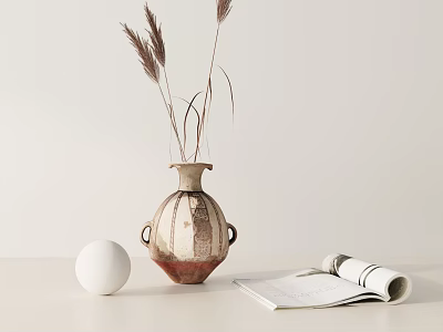 Minimalist Decorative Ornament Set With Ceramic Vase Dried Grass White Sphere And Open Rolled Book 3d model