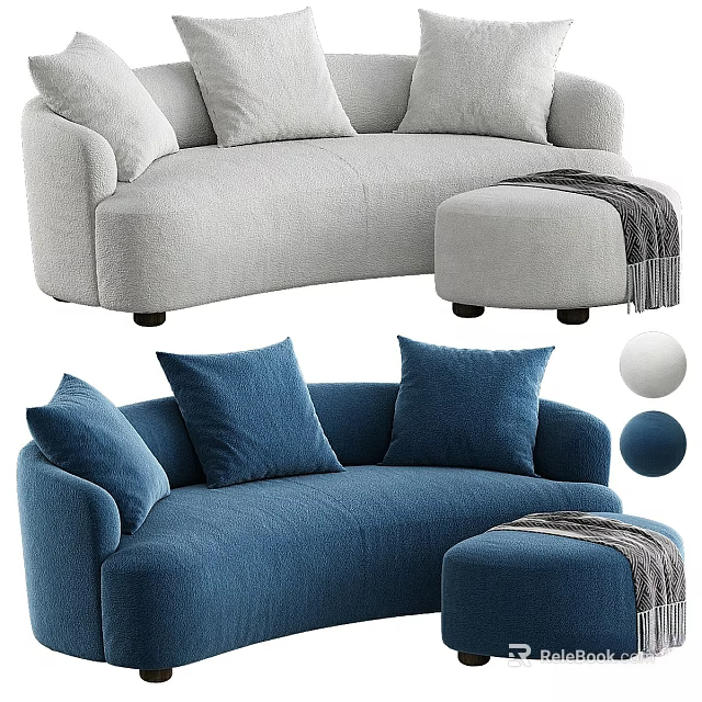 Stylish Gray and Blue Double Sofa with Ottoman Pillows and Throw Blanket 3d model
