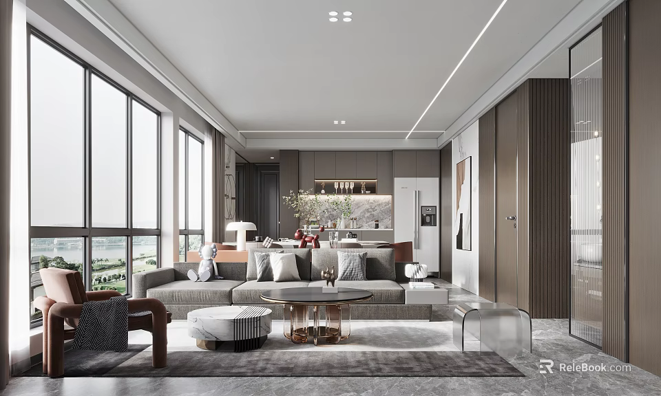 Modern Living Dining Room Interior With Large Windows Grey Sofa And Coffee Table 3d model