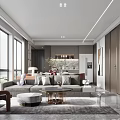 Modern Living Dining Room Interior With Large Windows Grey Sofa And Coffee Table 3d model