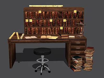 Wooden Desk With Bookshelf Open Books Scrolls Black Stool And Stacked Books 3d model
