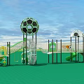 Kindergarten Outdoor Playground With Green Floor Soccer Ball Shaped Structures Slides And Trees