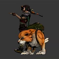 Game Character In Armor With Rifle Backpack And Orange Feline Companion