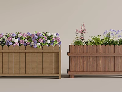 Home Balcony Decor With Wooden Planter Boxes And Colorful Blooming Flowers 3d model