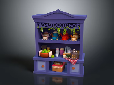 Purple Carved Cabinet With Decorative Vines Displaying Teapots Cups Fruits Bottles Tableware And Box 3d model