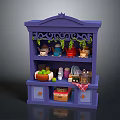 Purple Carved Cabinet With Decorative Vines Displaying Teapots Cups Fruits Bottles Tableware And Box