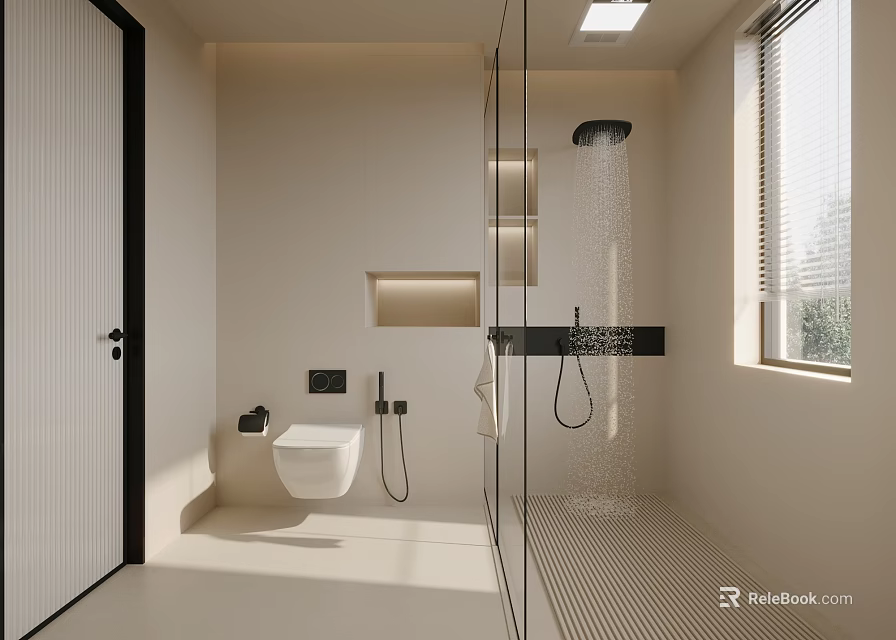 Minimalist Modern Bathroom Interior With Glass Shower Enclosure Wall Mounted Toilet And Black Fixtures 3d model 
