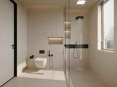 Minimalist Modern Bathroom Interior With Glass Shower Enclosure Wall Mounted Toilet And Black Fixtures 3d model