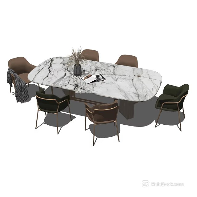 Modern Dining Table Set With Oval Marble Top And Multi Colored Chairs Decorative Vase 3d model