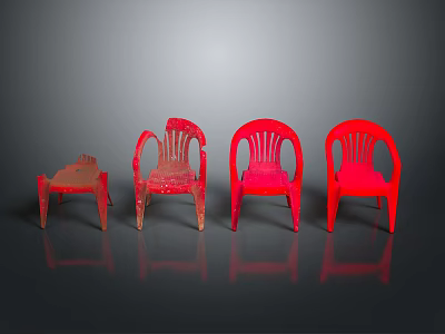 Set of Four Red Plastic Chairs With One Damaged On Reflective Dark Background 3d model