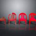 Set of Four Red Plastic Chairs With One Damaged On Reflective Dark Background