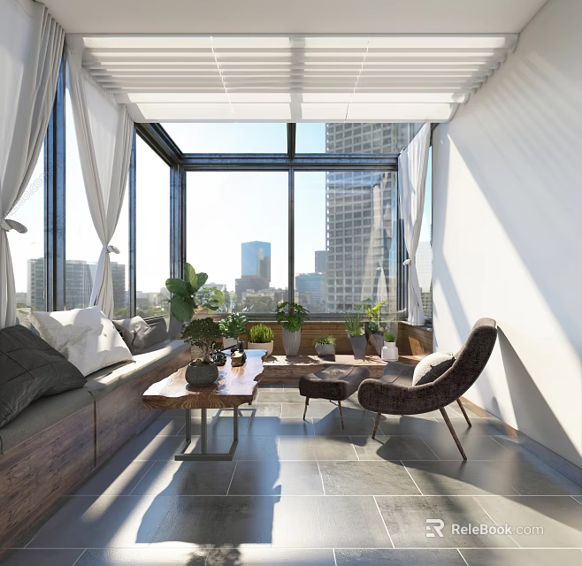 Cozy Villa Balcony with Sofa Armchair Coffee Table Potted Plants and City Skyline View 3d model 