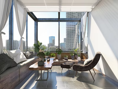 Cozy Villa Balcony with Sofa Armchair Coffee Table Potted Plants and City Skyline View 3d model