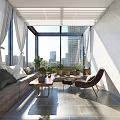 Cozy Villa Balcony with Sofa Armchair Coffee Table Potted Plants and City Skyline View