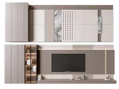 Modern TV Background Wall Design With Wooden Panels Marble Strips Grille And Storage Cabinets 3d model