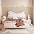 Double Bed with Pink Wave Design Headboard Lit Back Wall Rabbit Toy Nightstand and Desk